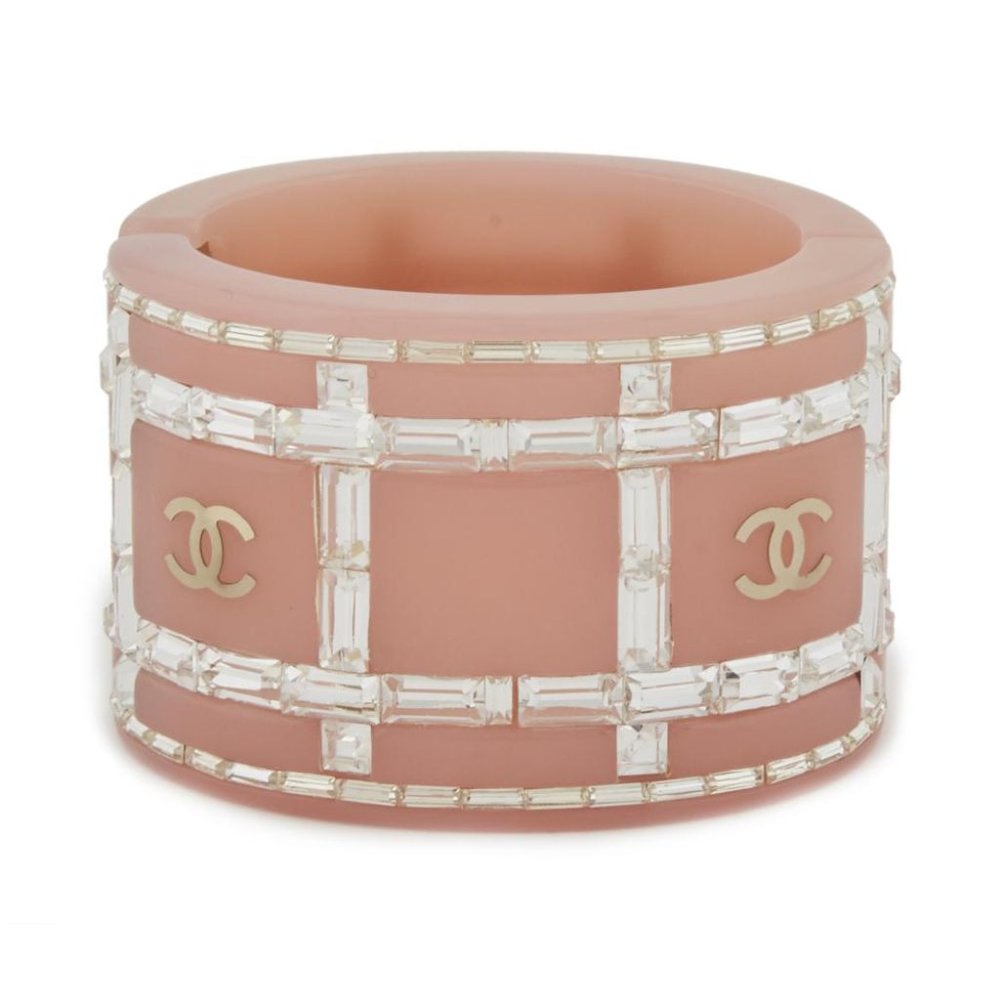 Chanel Pink Resin Cuff With Baguette Crystals And Gold CC Logo